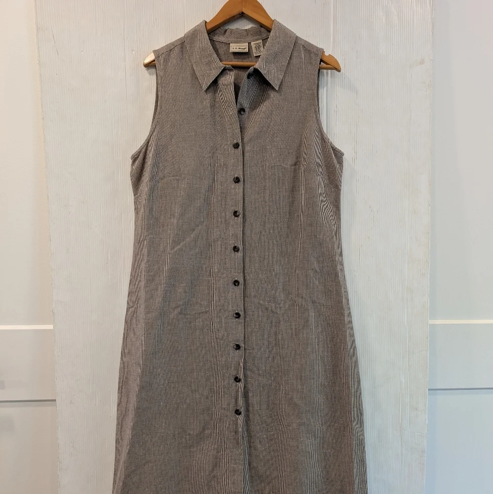 L.L. BEAN Brown Tan Houndstooth Button Front Midi Sleeveless Shirt Dress Size 14 - Picture 3 of 9